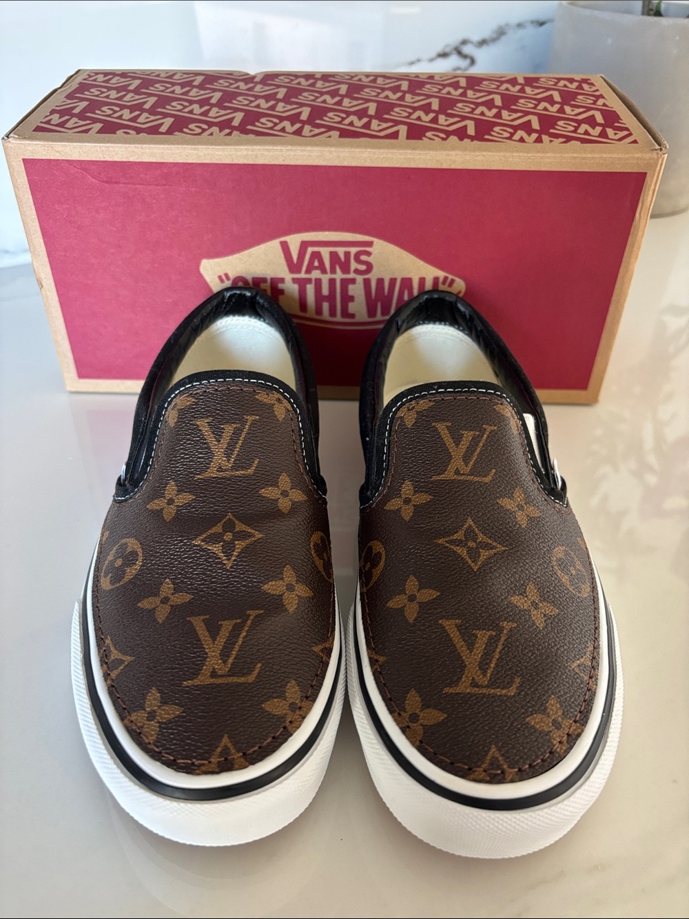 Louis Vuitton Custom Vans Black and White Slip-On Sneakers women’s 7.5 men 6.0